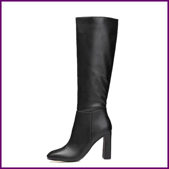 Knee High Boots Chunky Heel Square Toe Leather Zippered Tall Boots - Picture 5 of 7